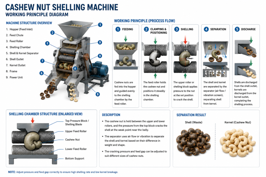 Cashew nut shelling machine working principle diagram showing feeding hopper, rollers, shelling chamber, separation system, and final output of shells and kernels in an industrial processing setup.