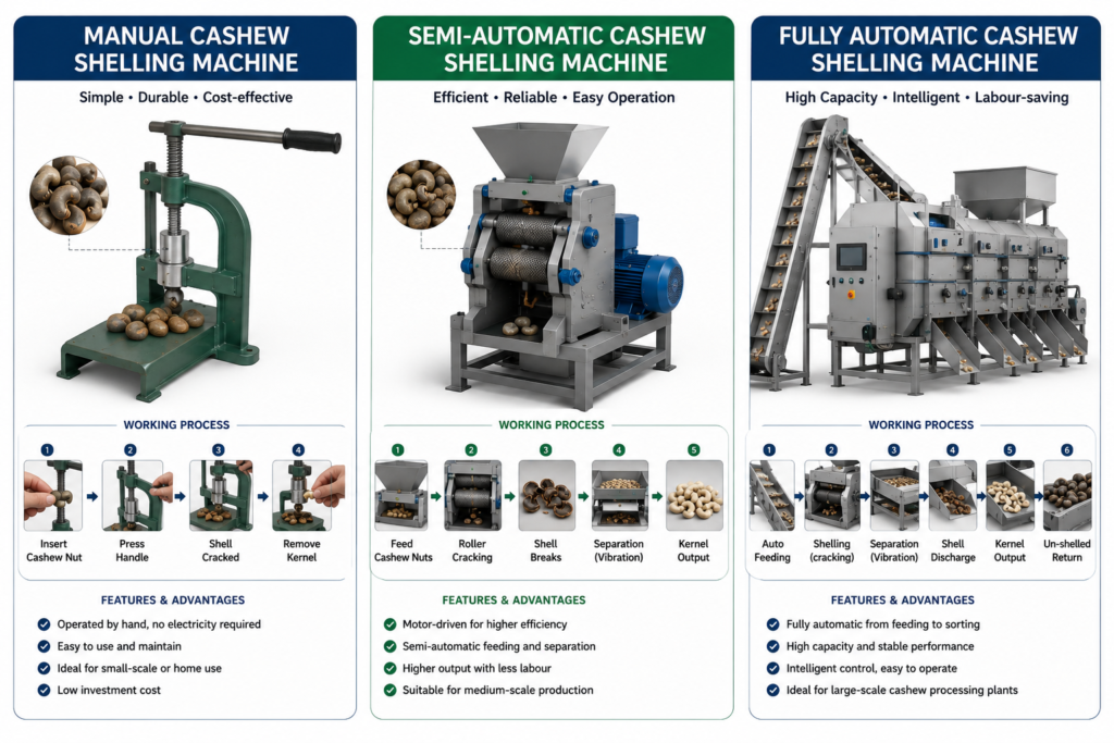Comparison of manual, semi-automatic, and fully automatic cashew shelling machines showing different working processes, machine structures, and production capacities for small-, medium-, and large-scale cashew processing operations.